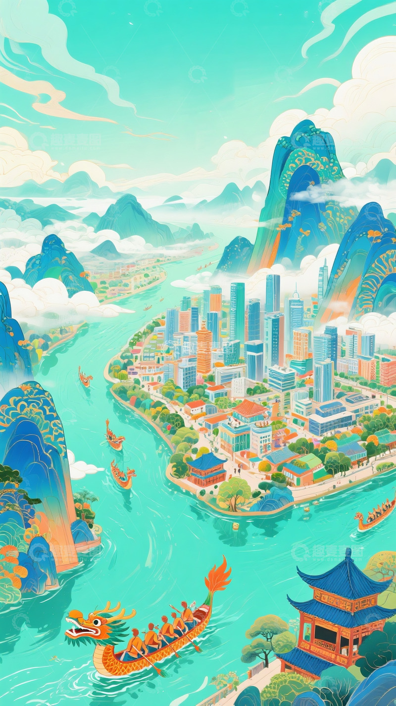 高清大图下载【趣麦麦图】端午节赛龙舟插画0