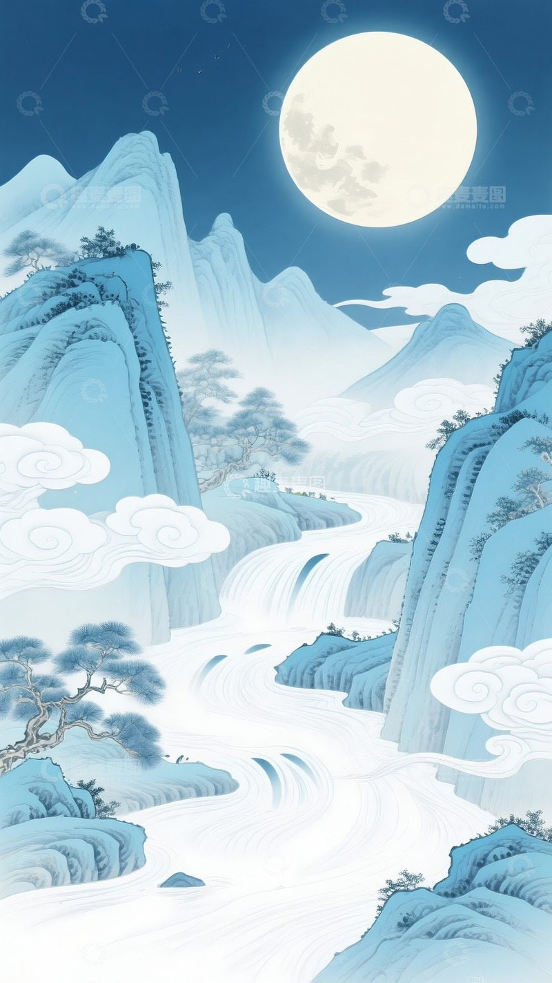 高清大图下载【趣麦麦图】国潮风中秋山水画