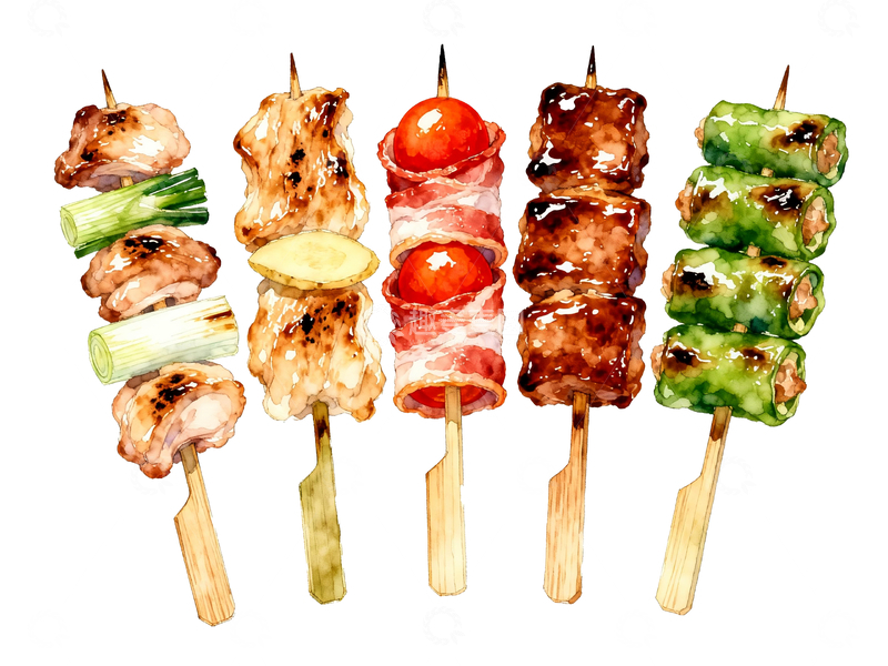 源文件下载【趣麦麦图】水彩风格五串日式烤串8