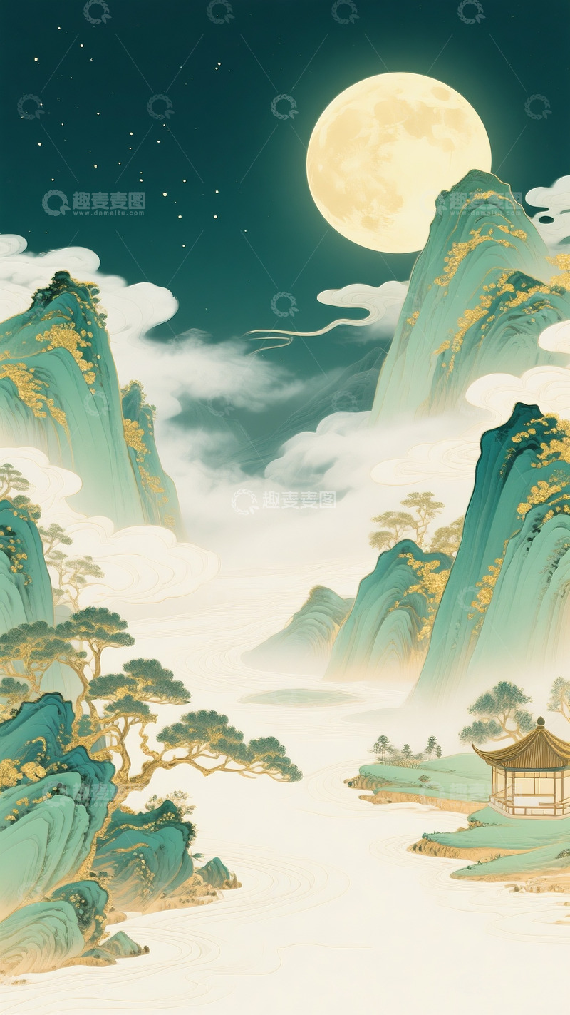 高清大图下载【趣麦麦图】国潮风中秋山水画2