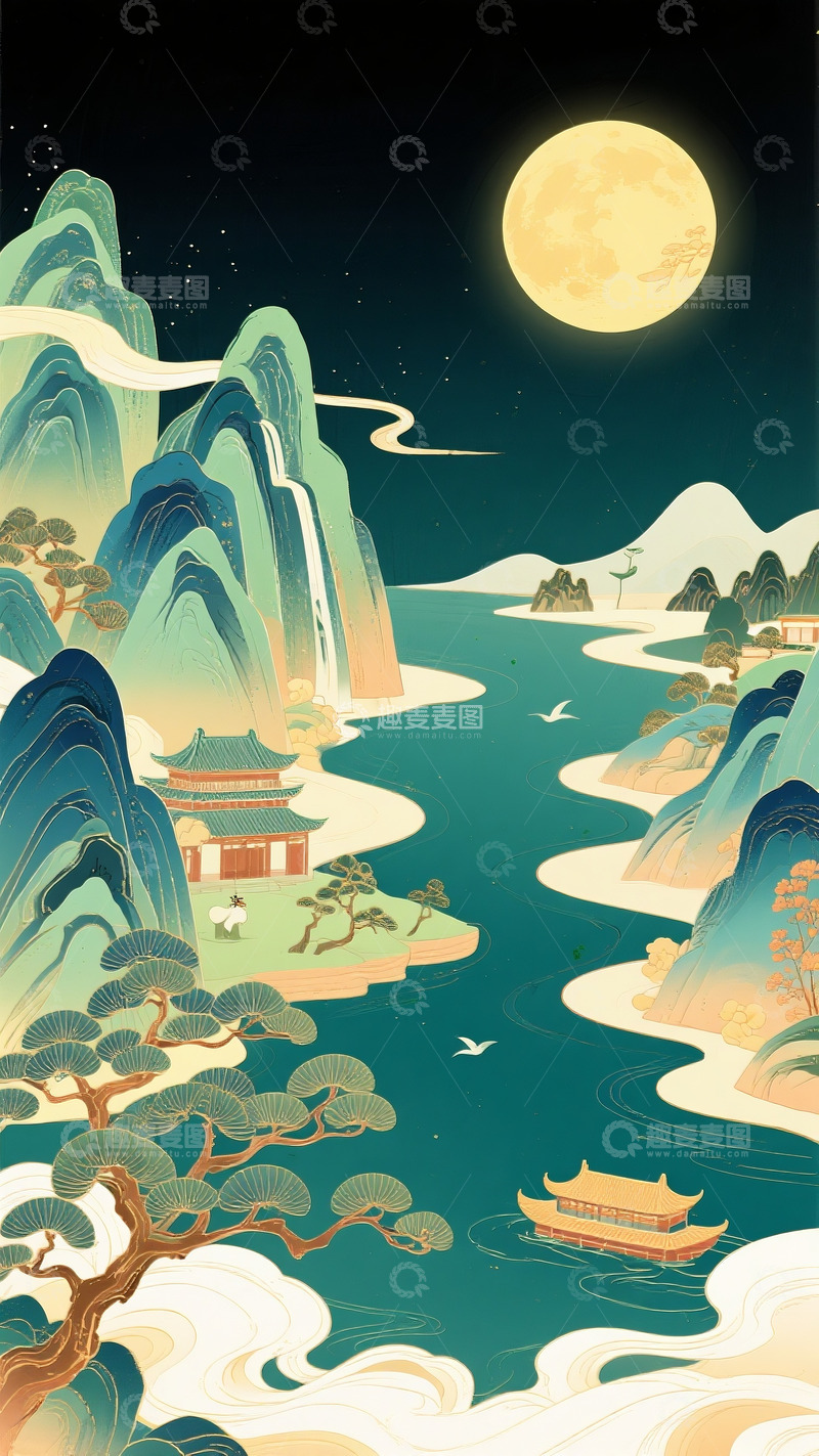 高清大图下载【趣麦麦图】国潮风中秋山水画4