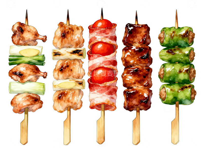 源文件下载【趣麦麦图】水彩风格五串日式烤串2