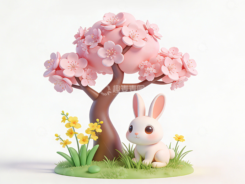 高清大图下载【趣麦麦图】卡通兔樱花树风景