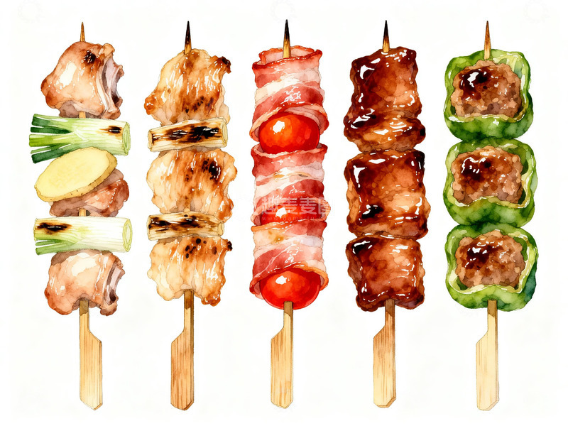 高清大图下载【趣麦麦图】水彩风格五串日式烤串1