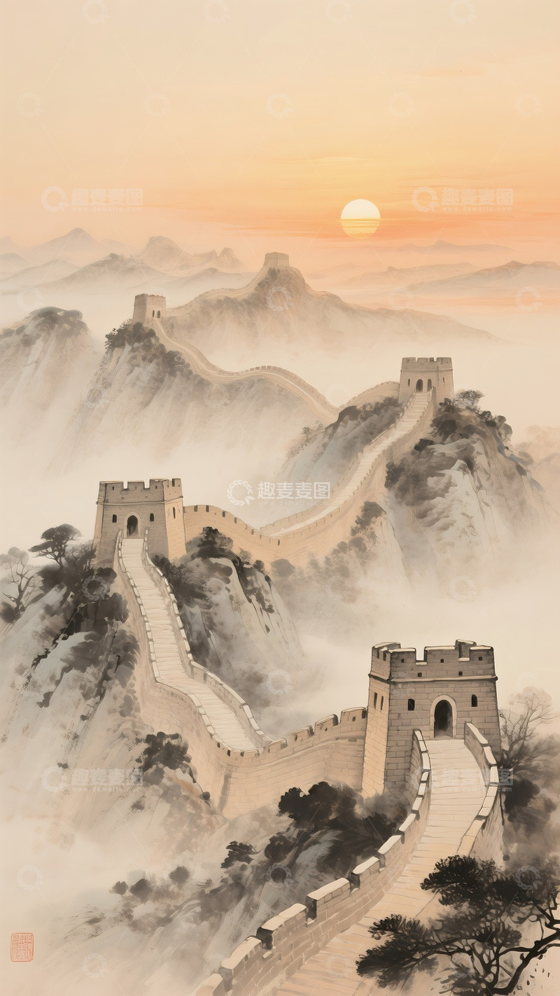 高清大图下载【趣麦麦图】古风意境的长城水墨画