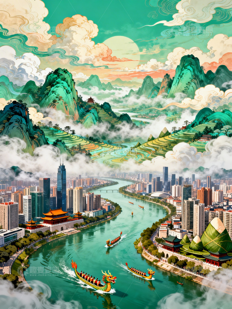 高清大图下载【趣麦麦图】端午节国潮插画4