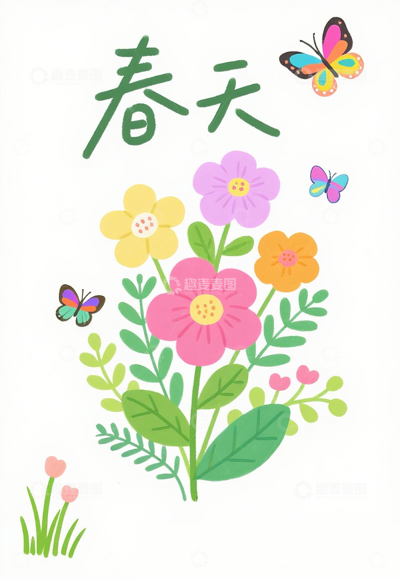 高清大图下载【趣麦麦图】春天花卉蝴蝶插画