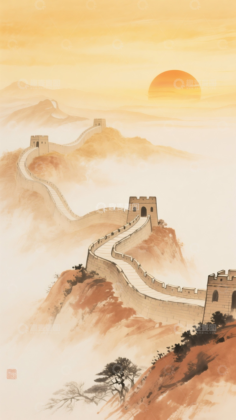 高清大图下载【趣麦麦图】古风意境的长城水墨画4