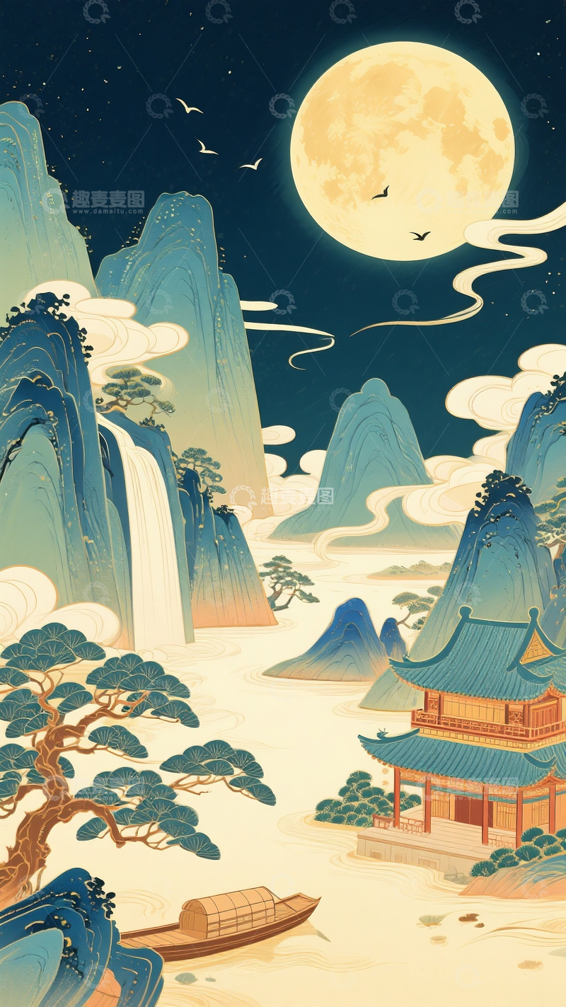 高清大图下载【趣麦麦图】国潮风中秋山水画3