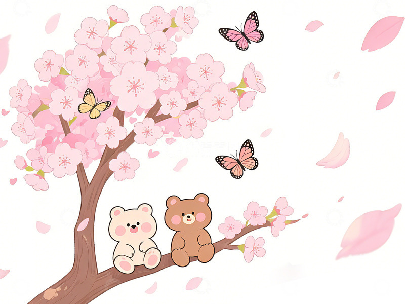 高清大图下载【趣麦麦图】卡通樱花树小熊蝴蝶插画