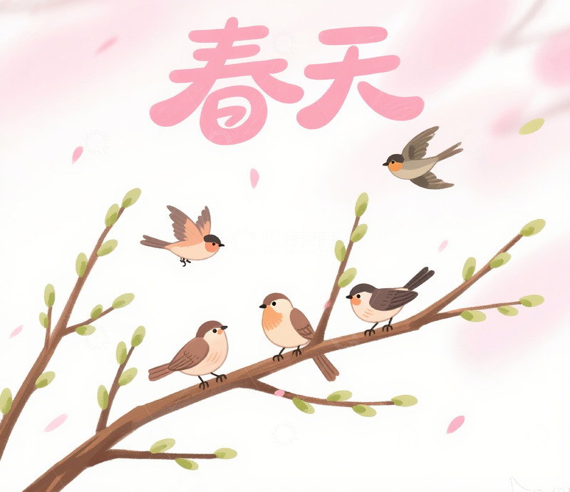 高清大图下载【趣麦麦图】春日鸟语树枝插画
