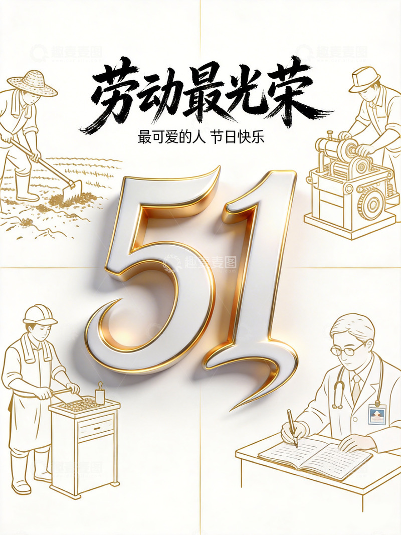 高清大图下载【趣麦麦图】金色51劳动节宣传海报