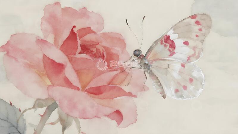 高清大图下载【趣麦麦图】工笔画玫瑰蝴蝶装饰画壁纸素材国风