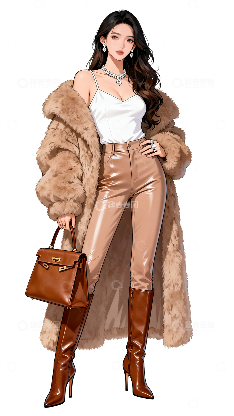 源文件下载【趣麦麦图】写实插画风格穿貂皮大衣的女人1