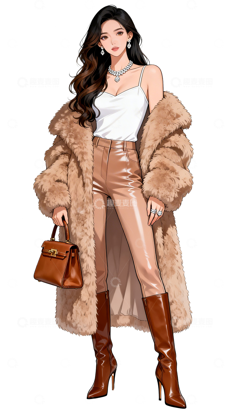 源文件下载【趣麦麦图】写实插画风格穿貂皮大衣的女人4