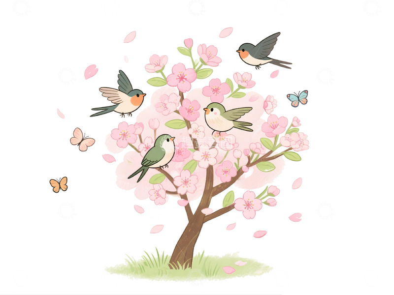 高清大图下载【趣麦麦图】春日樱花与鸟儿插画