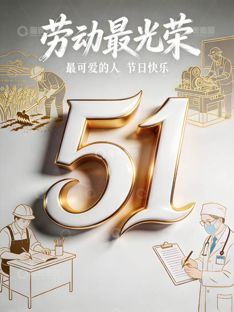 高清大图下载【趣麦麦图】金色51劳动节宣传海报设计素材