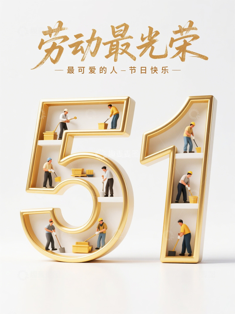高清大图下载【趣麦麦图】金色立体五一劳动节宣传海报2