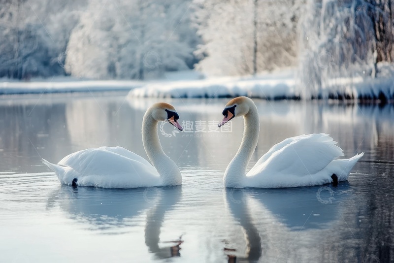 高清大图下载【趣麦麦图】冬季冰湖里的两只天鹅