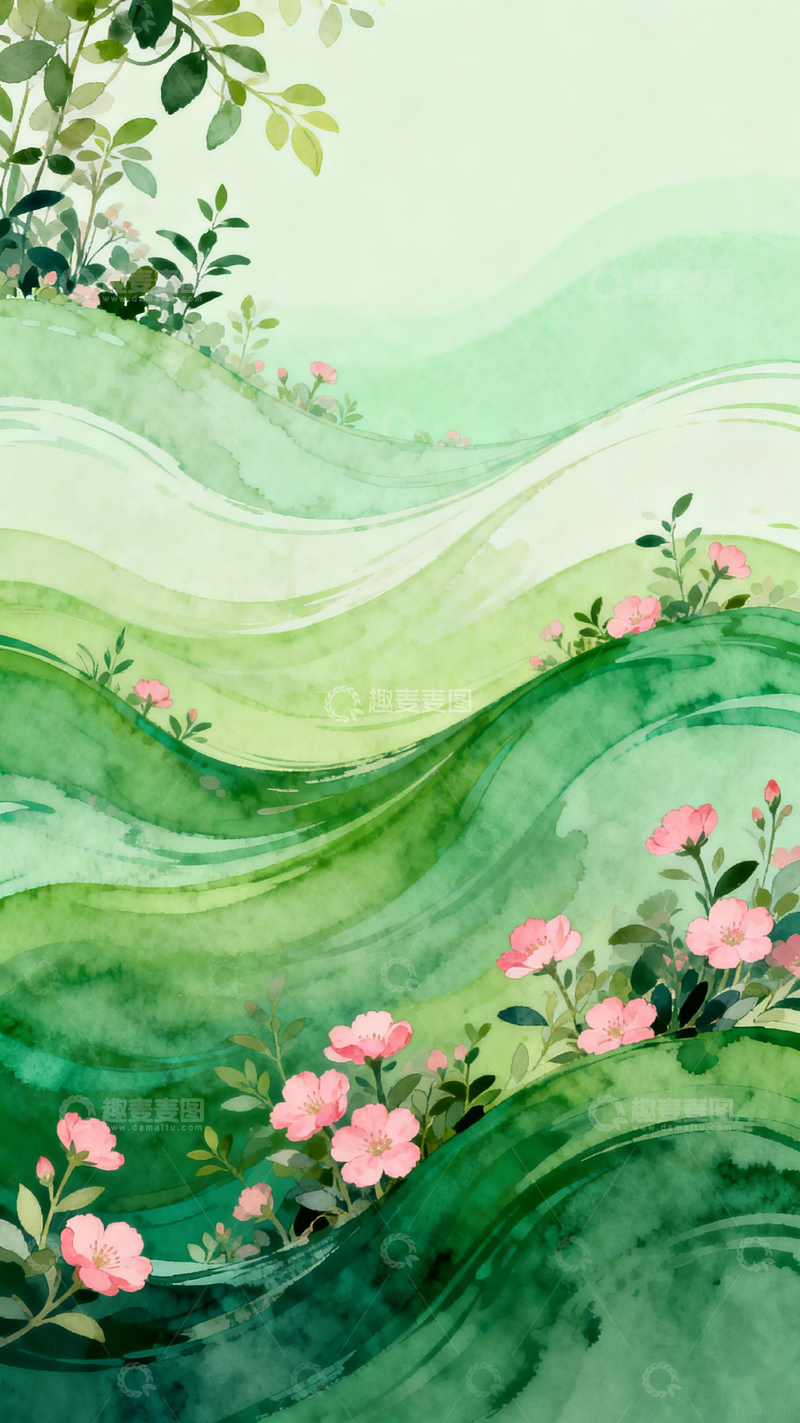 高清大图下载【趣麦麦图】水彩山丘花卉风景画