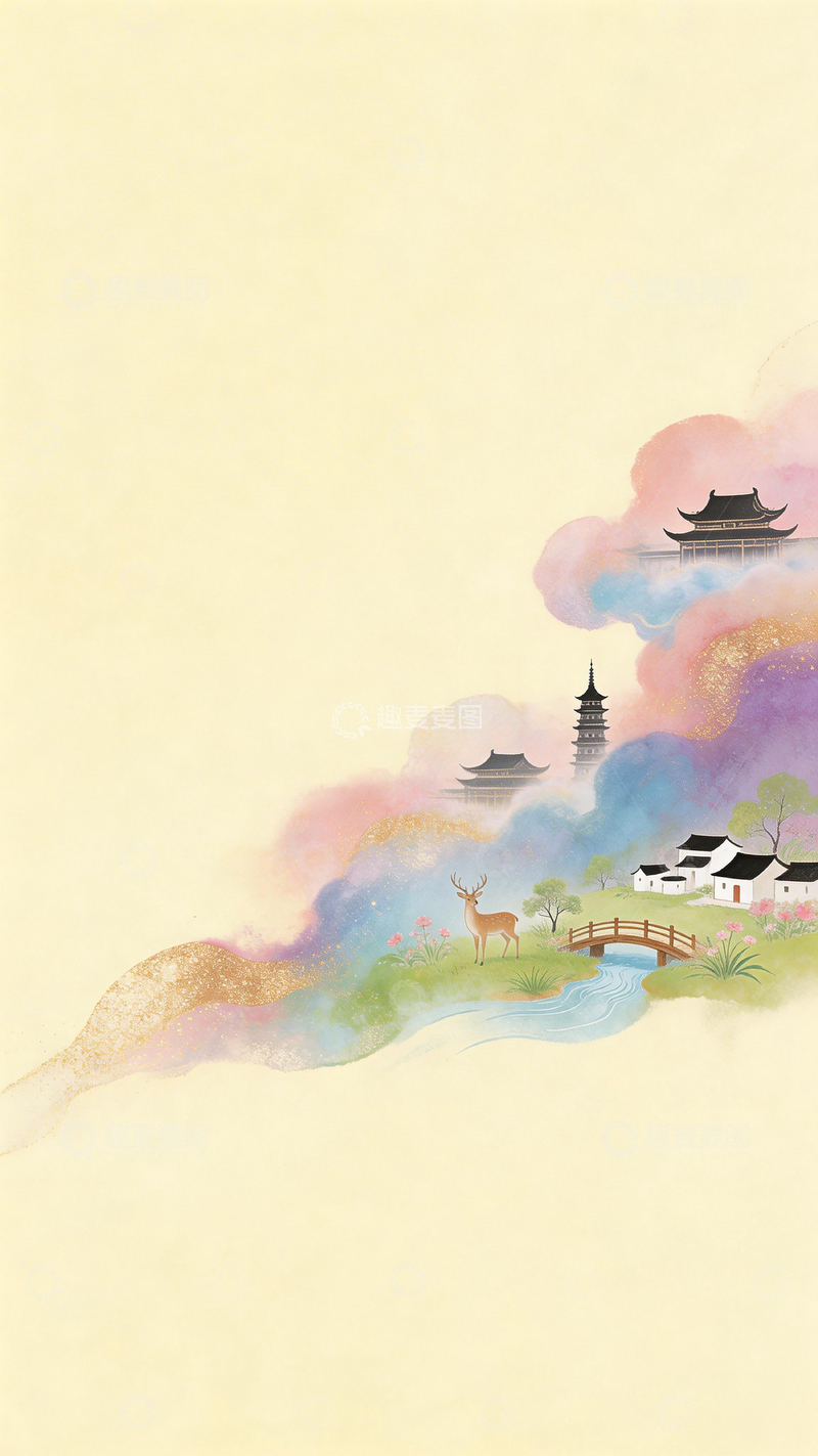 高清大图下载【趣麦麦图】水彩东方意境山水画