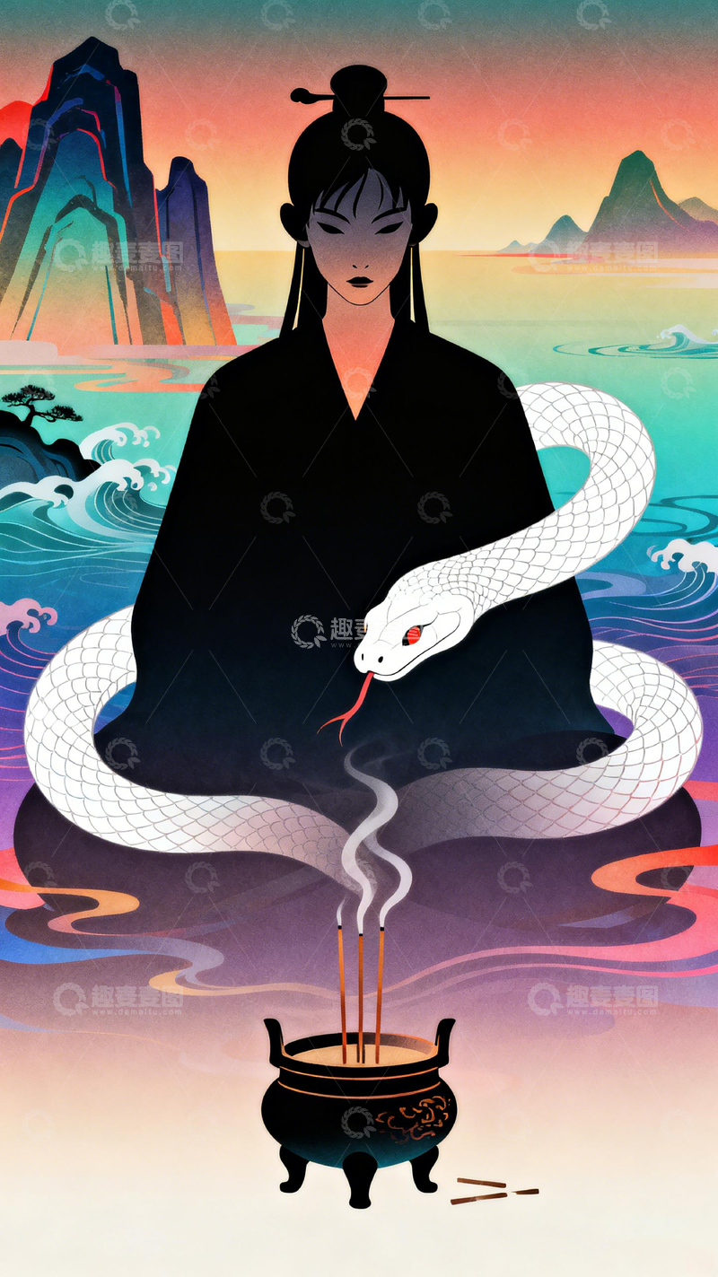 高清大图下载【趣麦麦图】东方神秘人物蛇香炉插画