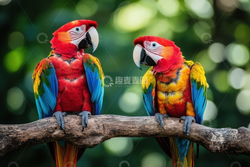 高清大图下载【趣麦麦图】站在树枝上的两只花毛鹦鹉