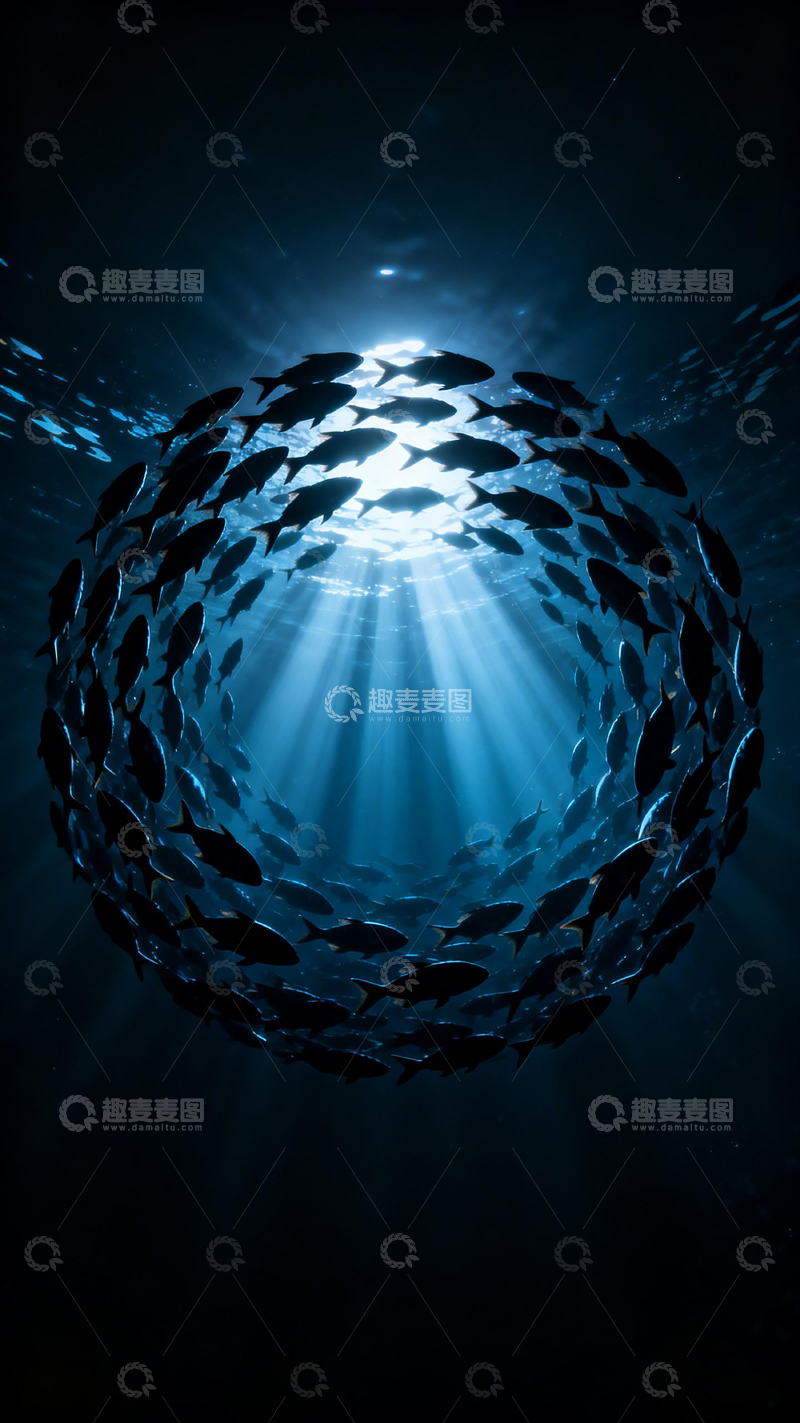 高清大图下载【趣麦麦图】深海鱼群圆阵光影