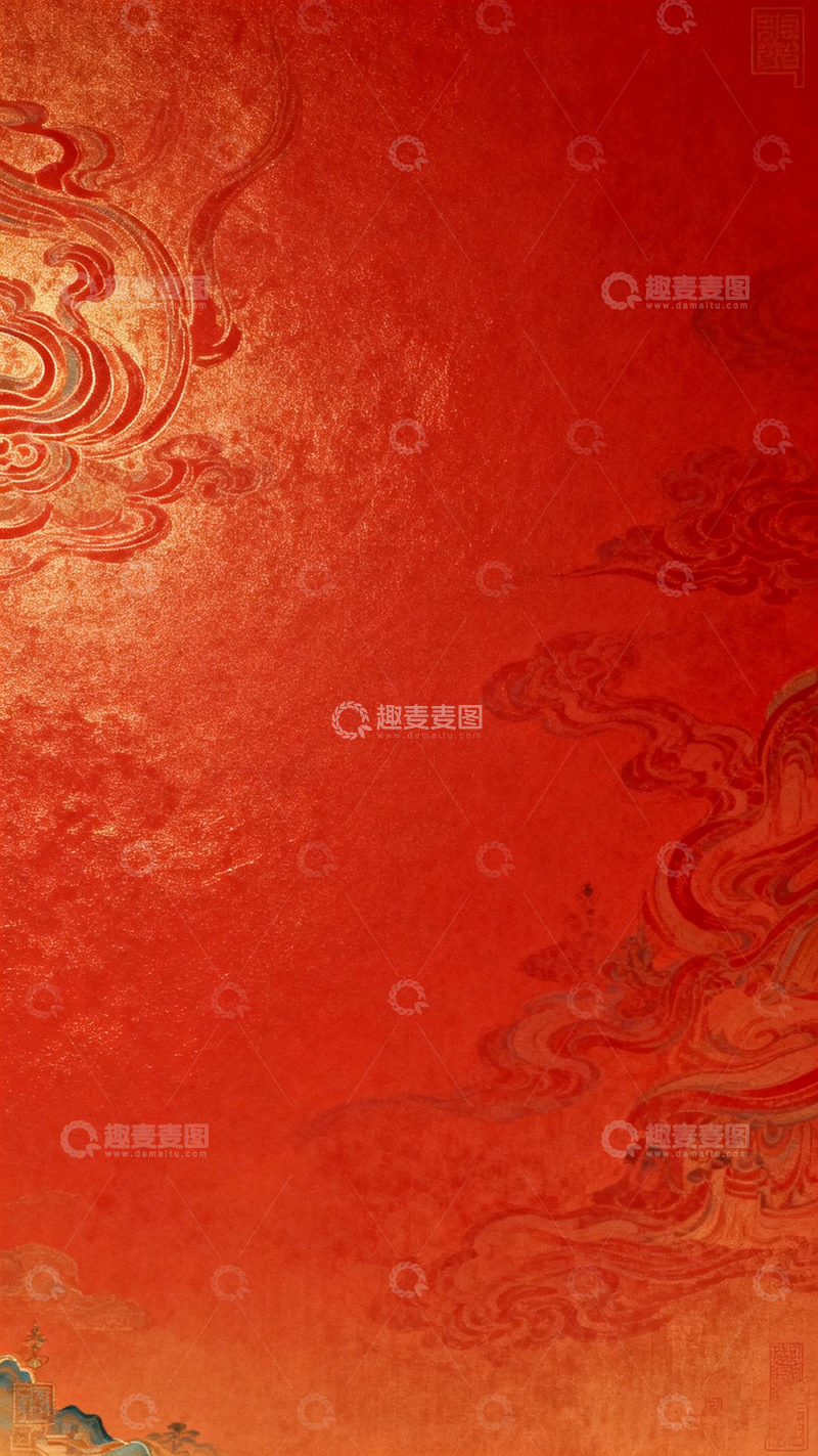 高清大图下载【趣麦麦图】古韵红色云纹装饰画