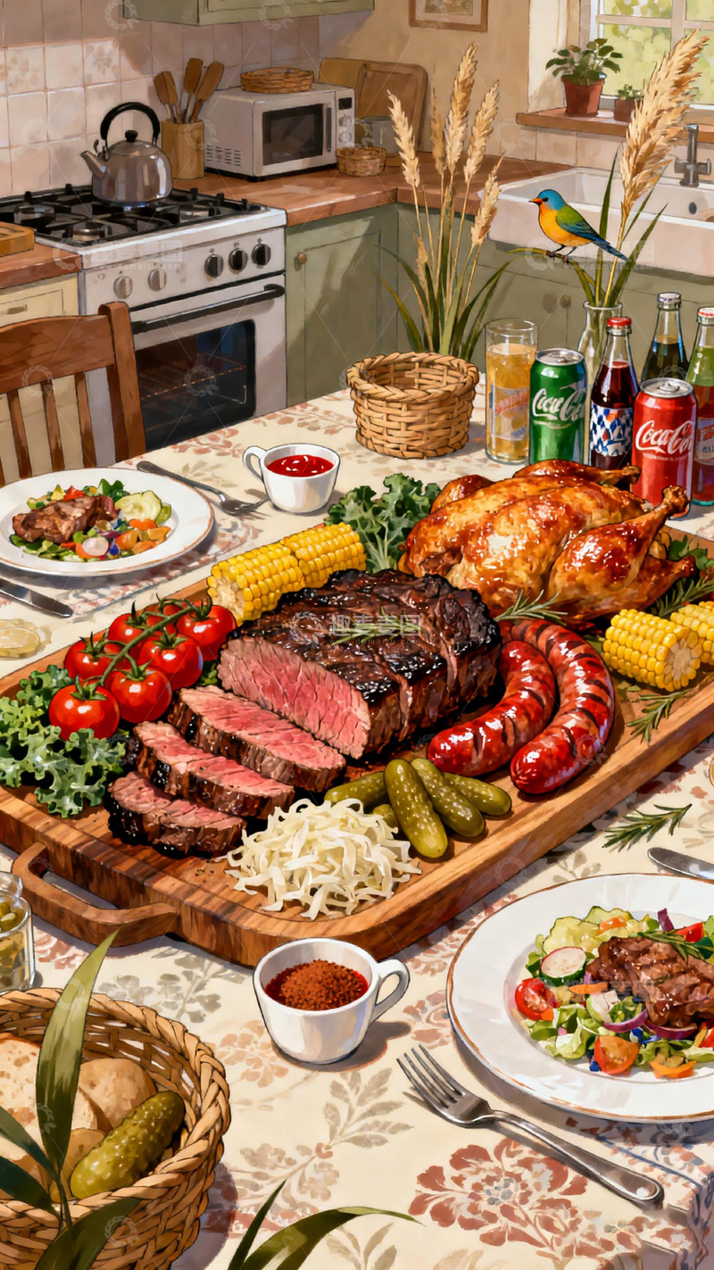 高清大图下载【趣麦麦图】美食盛宴家庭聚餐绘画