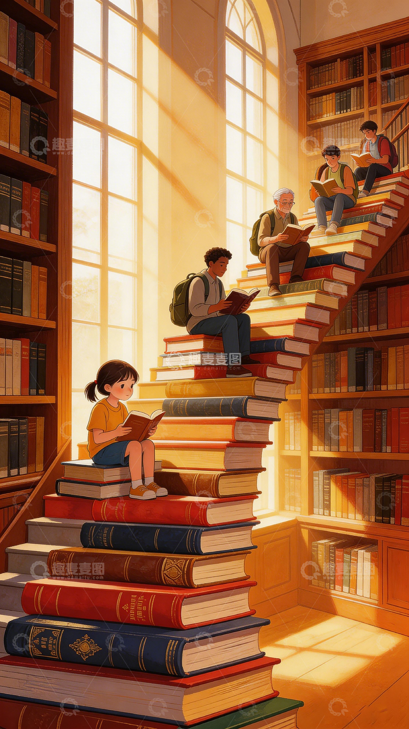 高清大图下载【趣麦麦图】图书馆阅读时光插画