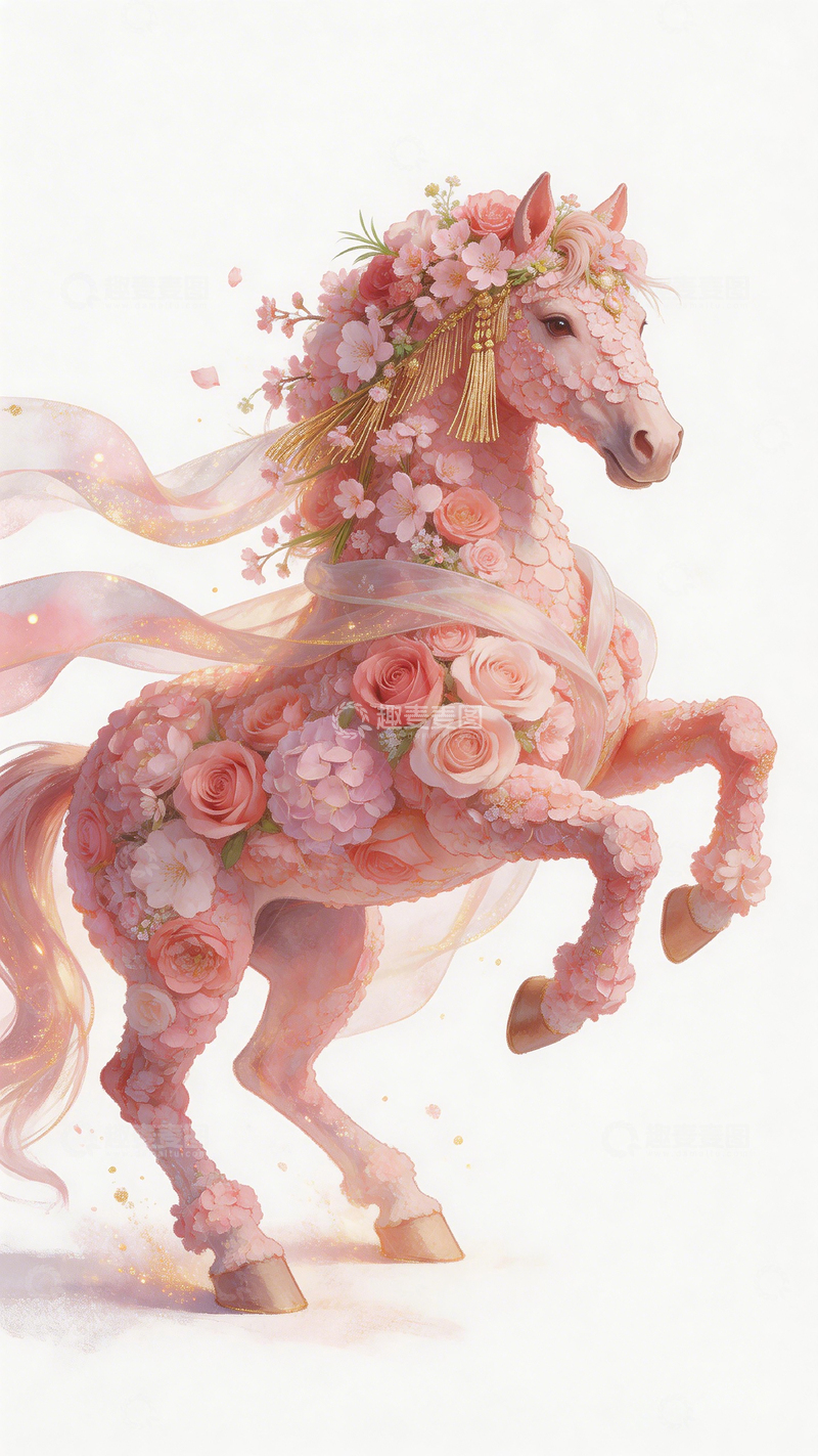 高清大图下载【趣麦麦图】梦幻花海骏马艺术插画