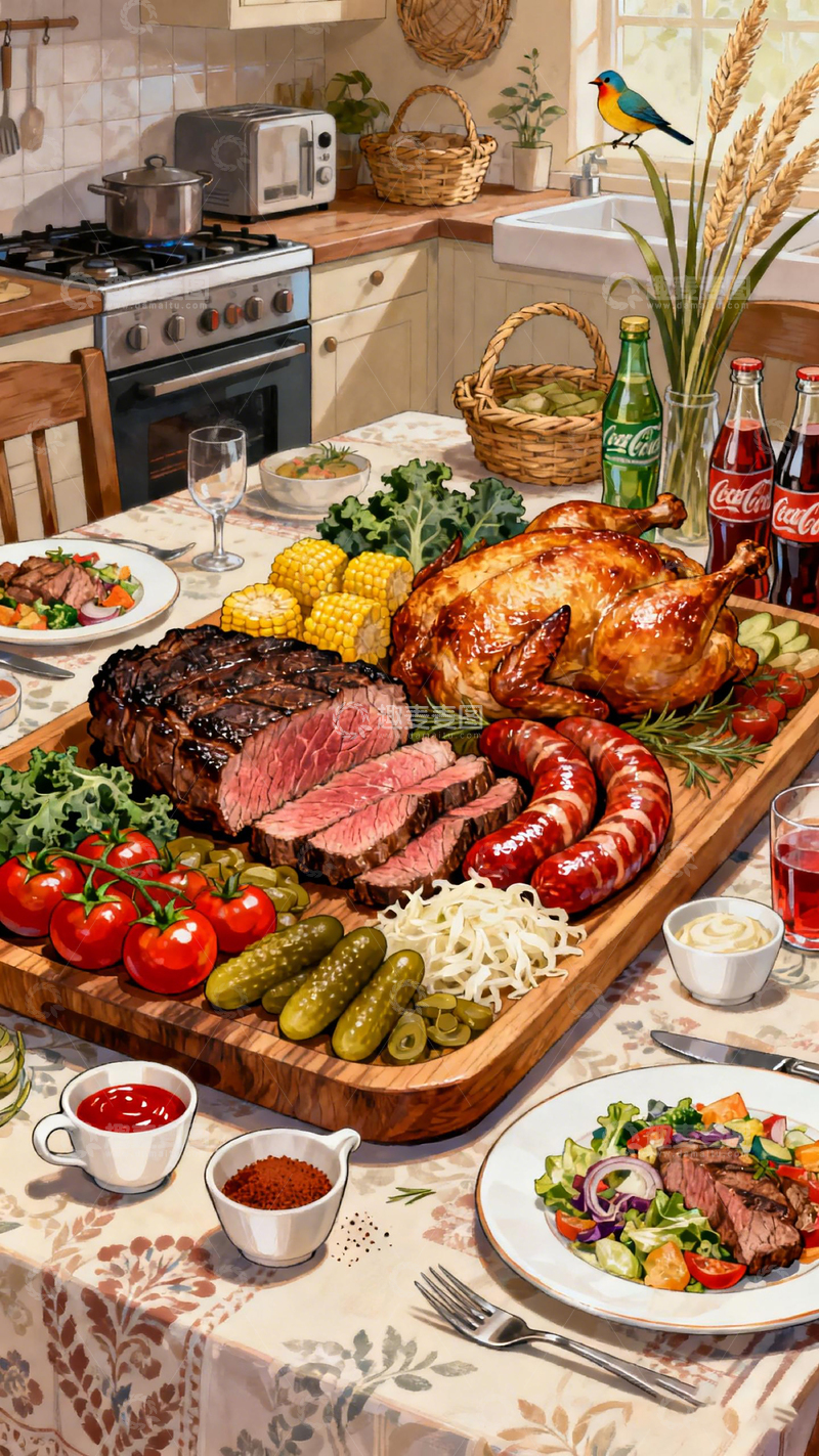 高清大图下载【趣麦麦图】丰盛家庭聚餐插画美食