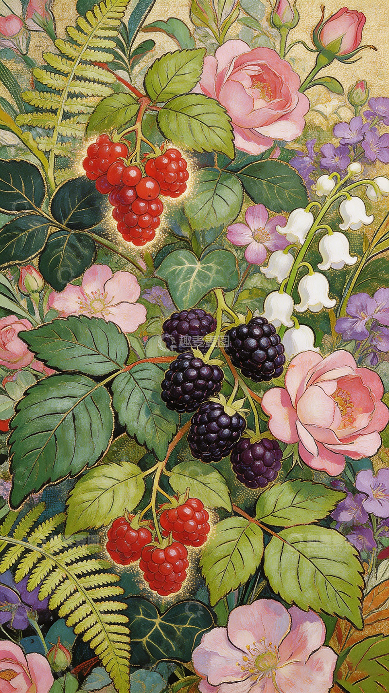 高清大图下载【趣麦麦图】复古插画风格浆果花卉图案