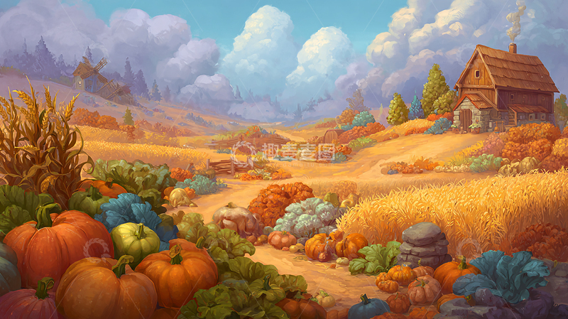 高清大图下载【趣麦麦图】金色麦田与南瓜盛宴
