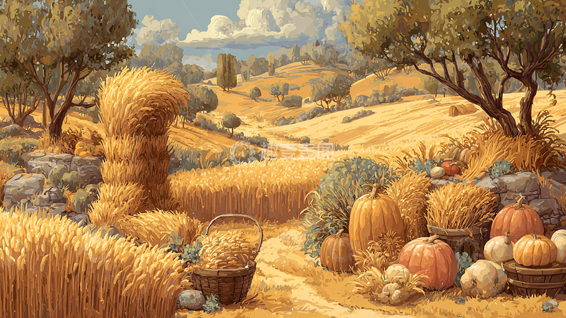 高清大图下载【趣麦麦图】南瓜与稻穗的秋日盛景