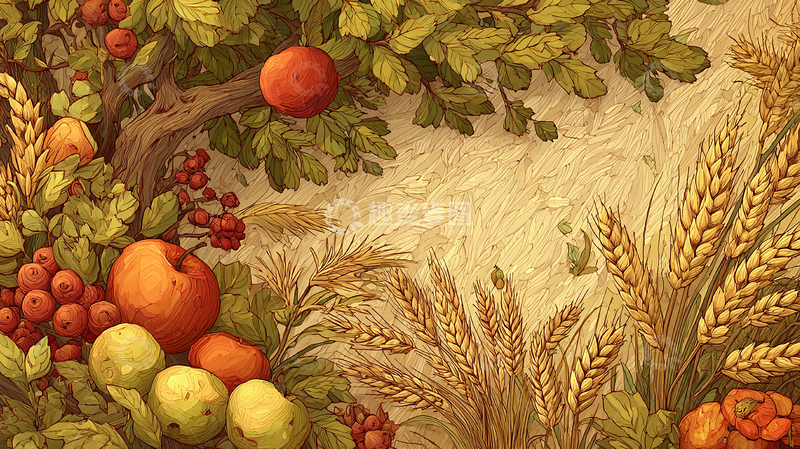 高清大图下载【趣麦麦图】秋日丰收的果实与麦穗