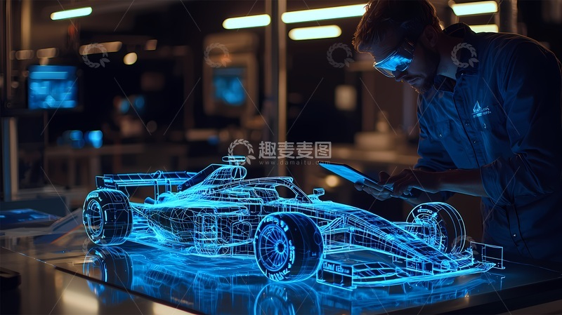 高清大图下载【趣麦麦图】科技风赛车设计蓝图工程师工作场景
