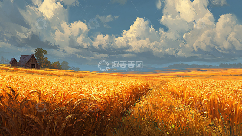 高清大图下载【趣麦麦图】天空与麦田的壮丽交响