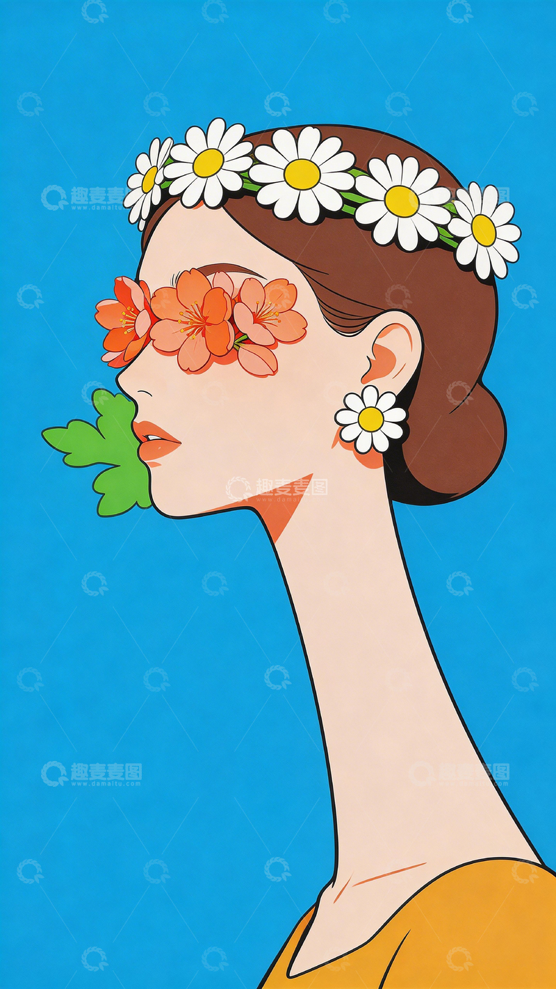 高清大图下载【趣麦麦图】插画风格女性头像花卉装饰