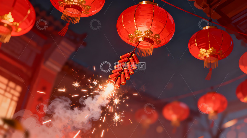 高清大图下载【趣麦麦图】红灯笼与烟花夜景