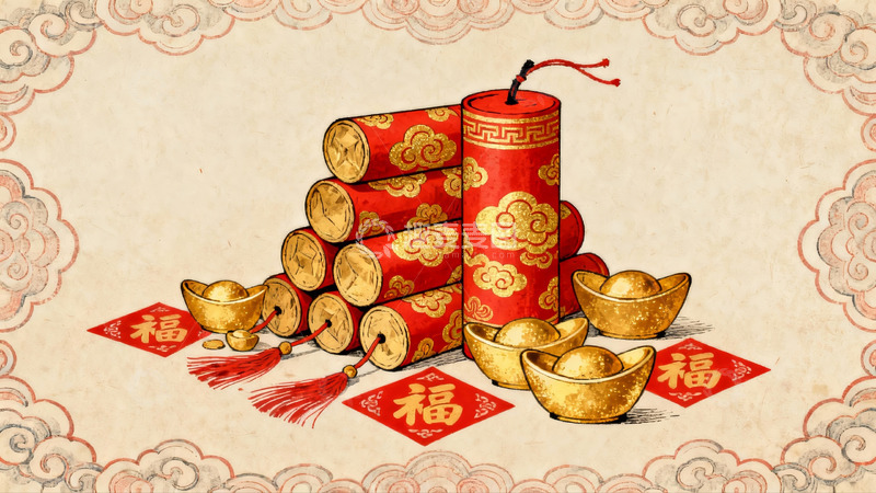 高清大图下载【趣麦麦图】春节爆竹金元宝寓意吉祥