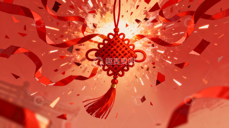 高清大图下载【趣麦麦图】红色中国结烟花绽放