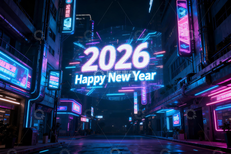 高清大图下载【趣麦麦图】2026新年霓虹城市夜景