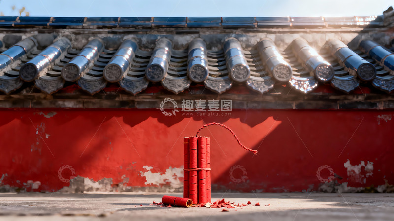 高清大图下载【趣麦麦图】古建筑前的红色鞭炮