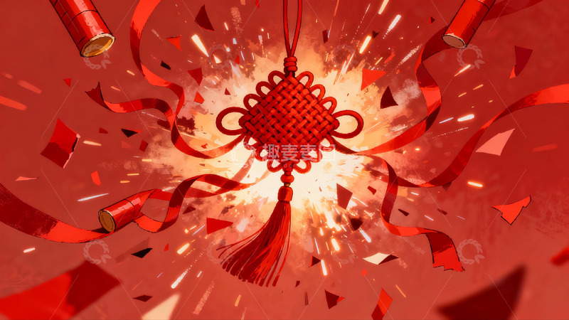 高清大图下载【趣麦麦图】红色中国结烟花绽放喜庆图案