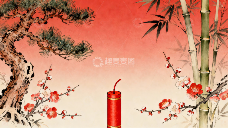 高清大图下载【趣麦麦图】传统水墨画中的松竹梅与鞭炮