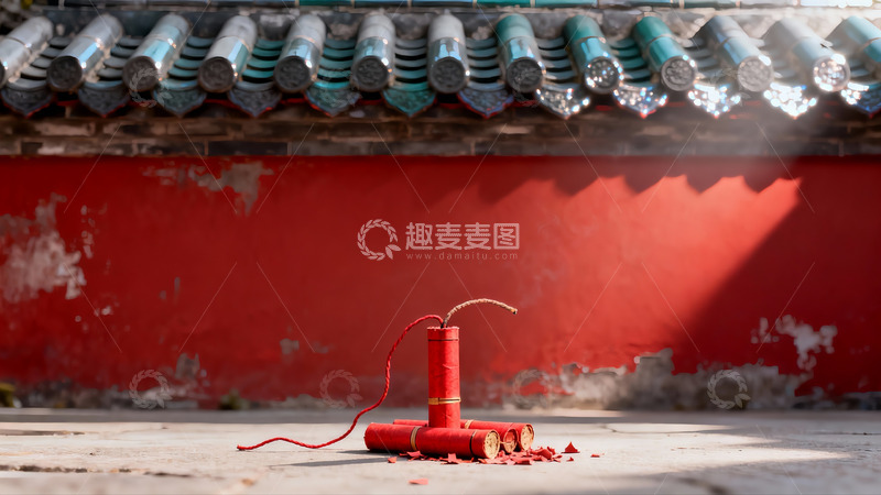 高清大图下载【趣麦麦图】红墙瓦顶前的红色鞭炮