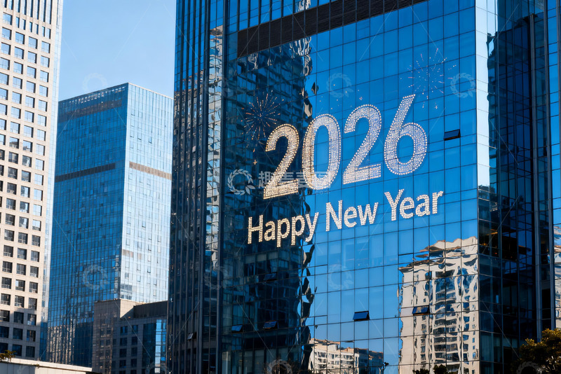 高清大图下载【趣麦麦图】高楼玻璃幕墙显示2026新年祝福