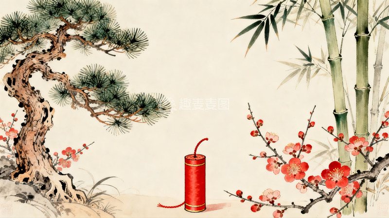 高清大图下载【趣麦麦图】传统水墨画中的松竹梅与鞭炮